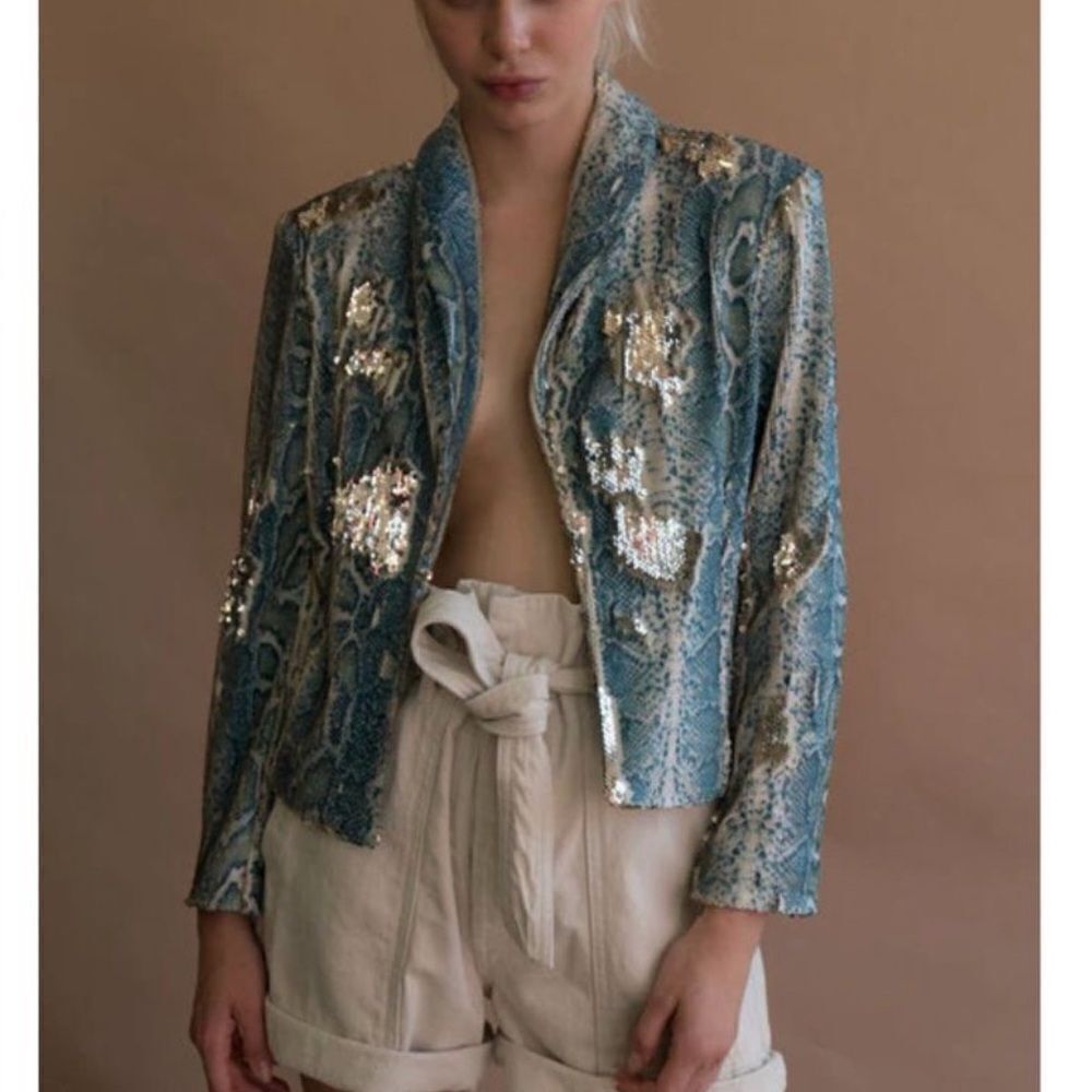 Sequin Embellished Blue Snake-Print Blazer